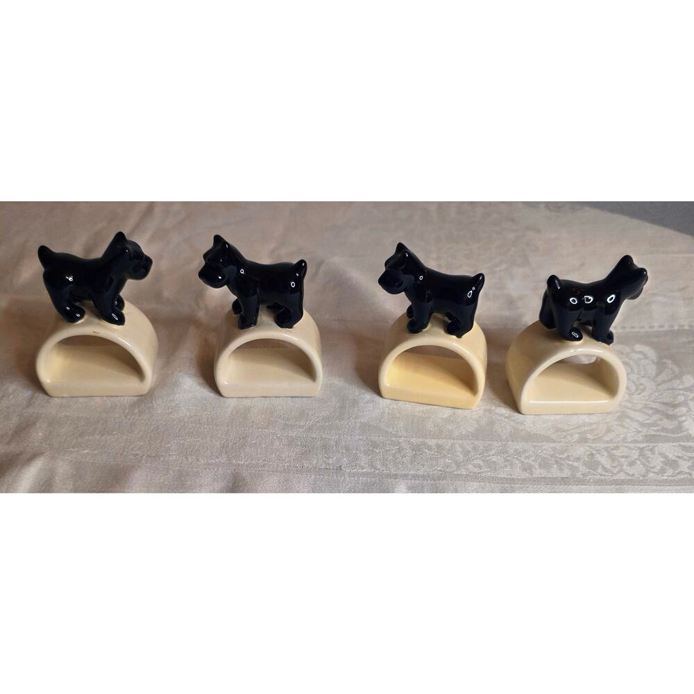 Set of 4 Vintage Thomas O'brien Black & White Scottie Puppy Ceramic Napkin Rings